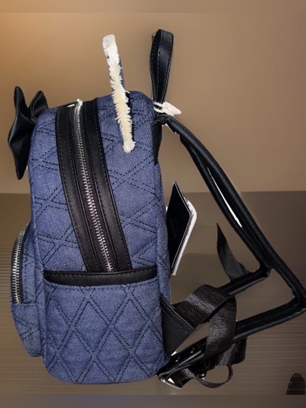 NEW Loungefly Disney Minnie Mouse Quilted Blue Denim Mini Backpack w Ears & Bow - Picture 5 of 6